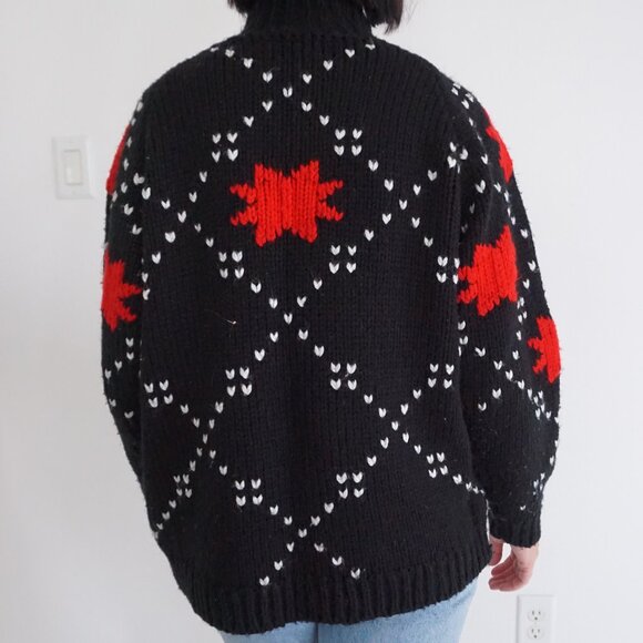 Vintage Busani Knit Sweater Black Red Maple Leaf Cabincore Retro Ski L - Picture 3 of 11